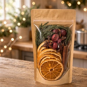Può includere: Una busta verticale con finestra trasparente contenente fette di arancia essiccata, bastoncini di cannella, anice stellato, bacche rosso scuro e rametti di pino verdi. La confezione è in carta kraft marrone chiaro con chiusura.