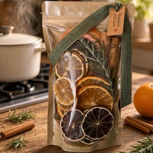 May include: A clear stand-up pouch containing dried citrus slices, cinnamon sticks, and fresh rosemary sprigs. A green fabric ribbon is tied around the top with a brown paper tag that reads "Handmade with Love" and features a small red heart icon.