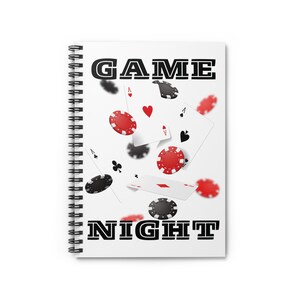 Cuaderno espiral con renglones para la noche de juegos, temática retro de la noche de juegos, fichas de ases flotantes, diseño dinámico para reuniones nostálgicas divertidas, diversión de fin de semana, casino