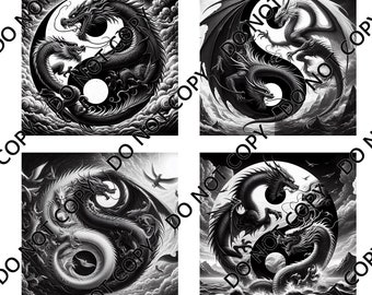 Ying Yang Dragons (4 images) PNG Laser File with Converted files for Slate Coasters.