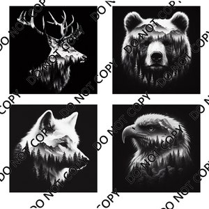 Op de afbeelding: Een digitale collage van vier zwart-wit afbeeldingen. Elke afbeelding toont een ander dier, waaronder een hert, een beer, een wolf en een adelaar. De dieren zijn over een boslandschap gelegd.