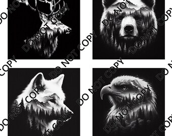 Wild Life (Deer, Bear, Wolf, Eagle - Double Exposure) (4 images) PNG Laser File with Converted files for Slate Coasters.