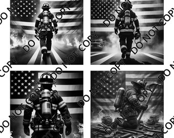 Firefighter with American Flag (4 images) PNG Laser File with Converted files for Slate Coasters.