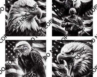 Bald Eagle with American Flag (4 images) PNG Laser File with Converted files for Slate Coasters.