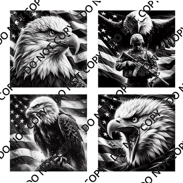 Bald Eagle with American Flag (4 images) PNG Laser File with Converted files for Slate Coasters.