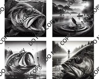 Bass Fishing (4 images) PNG Laser File with Converted files for Slate Coasters.