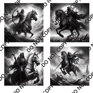 Puede incluir: Cuatro ilustraciones en blanco y negro que representan los Cuatro Jinetes del Apocalipsis. Cada imagen muestra una figura encapuchada a caballo, portando un arma o símbolo de la muerte, sobre un cielo dramático y nublado. La obra de arte evoca una sensación de presentimiento.
