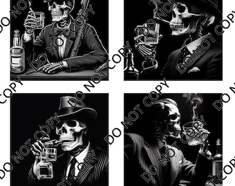 Gangster Skeleton at the Bar (4 images) PNG Laser File with Converted files for Slate Coasters.