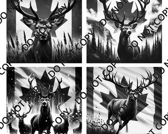 Deer with Canadian Flag (4 images) PNG Laser File with Converted files for Slate Coasters.