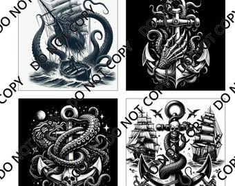 Nautical (Anchor, Kraken, Pirates) (4 images) PNG Laser File with Converted files for Slate Coasters.
