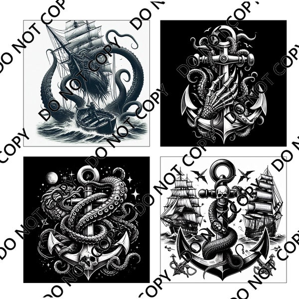 Nautical (Anchor, Kraken, Pirates) (4 images) PNG Laser File with Converted files for Slate Coasters.