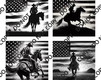 Cowboy with American Flag (4 images) PNG Laser File with Converted files for Slate Coasters.