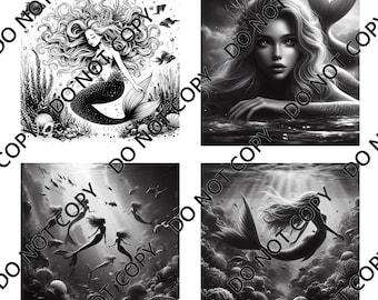 Mermaid (4 images) PNG Laser File with Converted files for Slate Coasters.