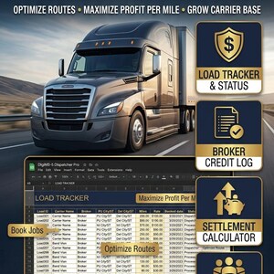 May include: A digital toolkit for freight dispatchers titled Product Facts Freight Dispatcher Daily Operations Toolkit. It features a semi-truck image, a spreadsheet labeled Load Tracker, and four icons for Load Tracker, Credit Log, Calculator, and Onboarding.