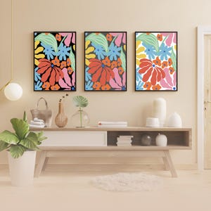 Set of 3 Multicolor Floral Wall Art - Multicolor Flowers for Modern Home - Vibrant Multicolored Flowers in Abstract Style -Bright Floral Art