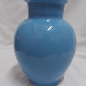 Peut inclure: Un vase en céramique bleu clair avec un corps arrondi et une ouverture légèrement évasée. Le vase est lisse et brillant.