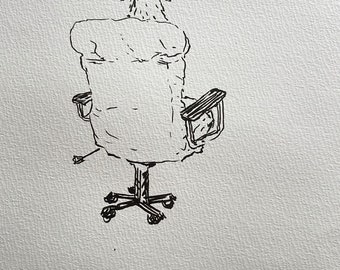 Puede incluir: Un dibujo en blanco y negro de un perro sentado en una silla de oficina. El perro está de espaldas al espectador y tiene la cabeza inclinada hacia abajo. La silla tiene un respaldo redondeado y una base de cinco radios.