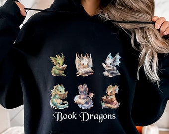 Niedlicher Drache Hoodie, Drache Hoodie, Buch Drache, Buch Drache Shirt Buch Drache Sweatshirt, Drache, Drache Geschenke Bücherwurm Geschenke, Bücherwurm Geschenke