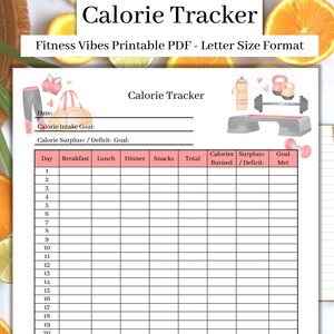 Fitness Vibes Calorie Tracker, Calorie Planner, Monthly Calorie Tracker Printable, Diet Journal, Daily Food Journal - Letter Size PDF