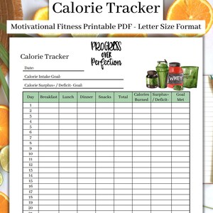 Rastreador de calorías de fitness motivacional, Planificador de calorías, Rastreador de calorías mensual imprimible, Diario de dieta, Diario de alimentos diario - Tamaño carta PDF