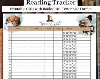 Girls with Books Reading Tracker Printable, Reading Journal, Book Tracker, Reading Log, Booklovers Gifts - Letter Size / Instant Download