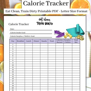Eat Clean Train Dirty Calorie Tracker, Calorie Planner, Monthly Calorie Tracker Printable, Diet Journal, Daily Food Journal -Letter Size PDF
