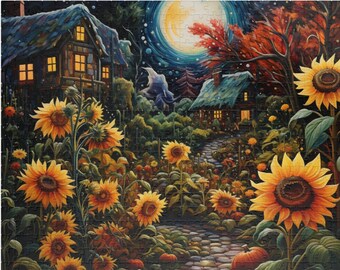 Sunflowers & Pumpkins in Autumn 500 Piece Puzzle - Sunflower Puzzle, Pumpkin Puzzle, Fall Puzzle 500 Pieces Puzzle Hostess Gift Thanksgiving