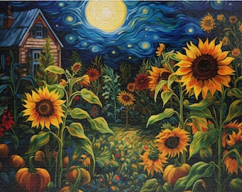 Sunflowers & Pumpkins in Autumn 500 Piece Puzzle - Sunflower Puzzle, Pumpkin Puzzle, Fall Puzzle 500 Pieces Puzzle Hostess Gift Thanksgiving