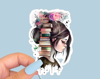 May include: A sticker featuring a watercolour illustration of a woman with a stack of books on her head. The woman has dark hair and is wearing a black shirt. The books are colourful and have a floral design. The sticker is on a white background.