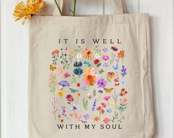 Bolso de tela con la frase "Está bien con mi alma", bolso cristiano, bolso con versículo bíblico, bolso para estudio bíblico, bolso de iglesia, bolso cristiano de lona, regalo de fe