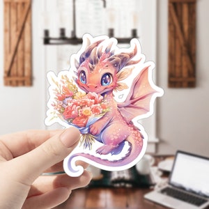 Watercolor Dragon Sticker, Epic Dragon, Dragon with Flower, Baby Dragon, Cute Dragon, Dragon Lovers Gifts, Dragon, Dragon Sticker, -stickers