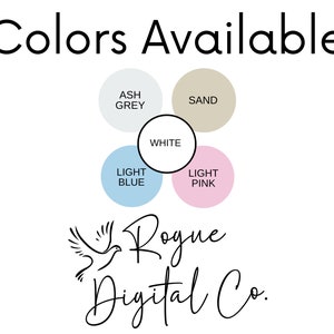Pu&ograve; includere: Una cartella colori che mostra cinque colori diversi disponibili per un prodotto. I colori sono: Grigio cenere, Sabbia, Bianco, Azzurro chiaro e Rosa chiaro. Il testo "Colori Disponibili" &egrave; in alto nell'immagine. Il testo "Rogue Digital Co." &egrave; in basso nell'immagine.