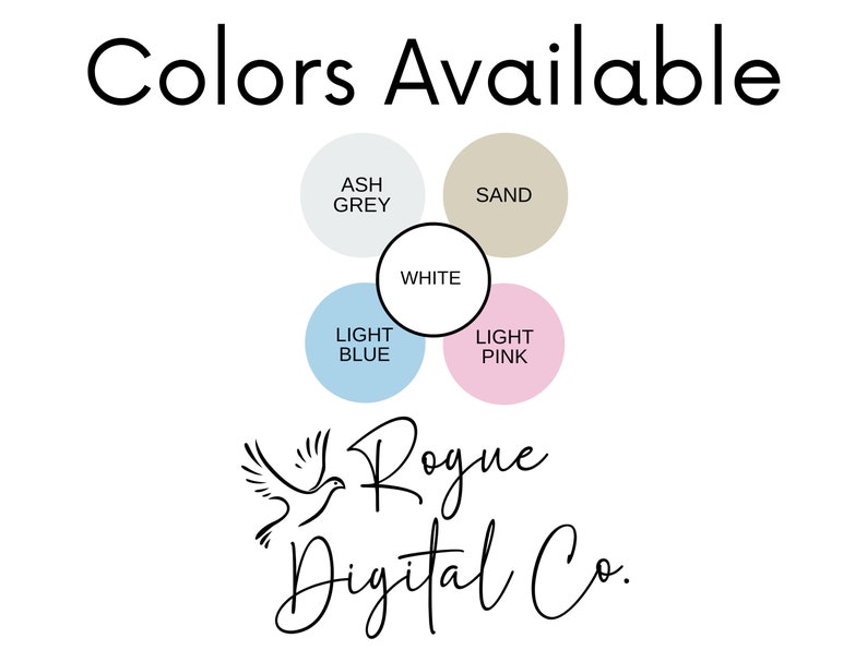 Pu&ograve; includere: Una cartella colori che mostra cinque colori diversi disponibili per un prodotto. I colori sono: Grigio cenere, Sabbia, Bianco, Azzurro chiaro e Rosa chiaro. Il testo "Colori Disponibili" &egrave; in alto nell'immagine. Il testo "Rogue Digital Co." &egrave; in basso nell'immagine.