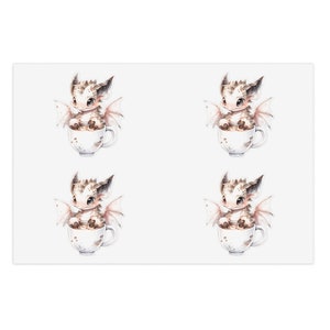 May include: Four white and brown baby dragons sitting in teacups. Each dragon has pink wings and is holding a cup of tea. The teacups are white with brown spots.