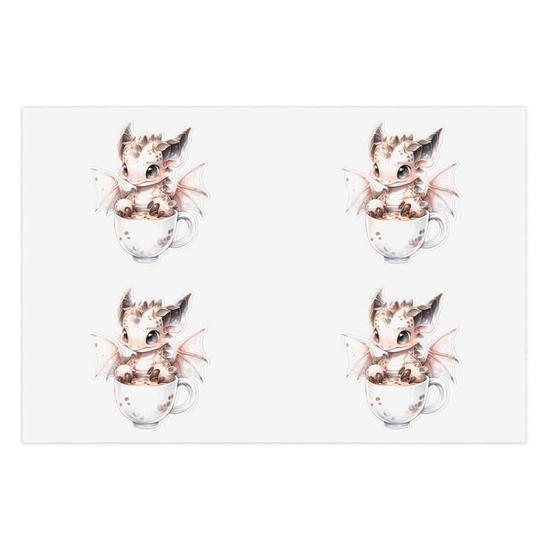 May include: Four white and brown baby dragons sitting in teacups. Each dragon has pink wings and is holding a cup of tea. The teacups are white with brown spots.
