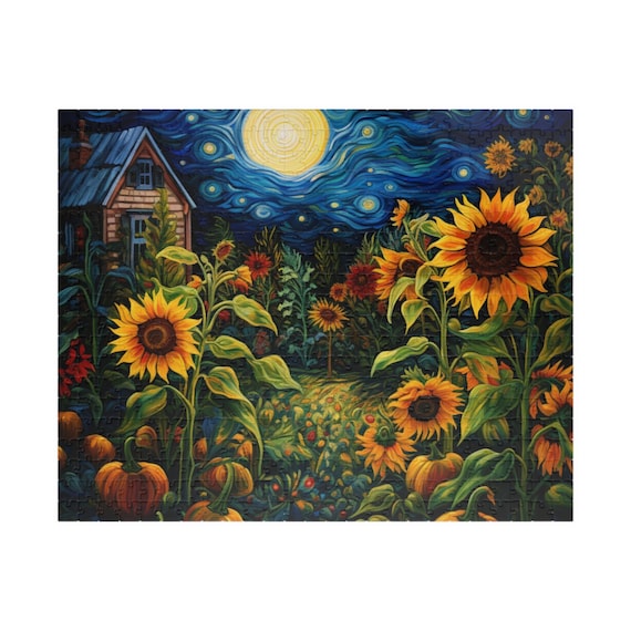 Sunflowers & Pumpkins in Autumn 500 Piece Puzzle - Sunflower Puzzle, Pumpkin Puzzle, Fall Puzzle 500 Pieces Puzzle Hostess Gift Thanksgiving