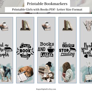 Girls with Books Bookmarks Set Printable Bookmarks Digital Bookmark Booklovers Gifts Journaling, Scrapbooking - Letter Size Instant Download
