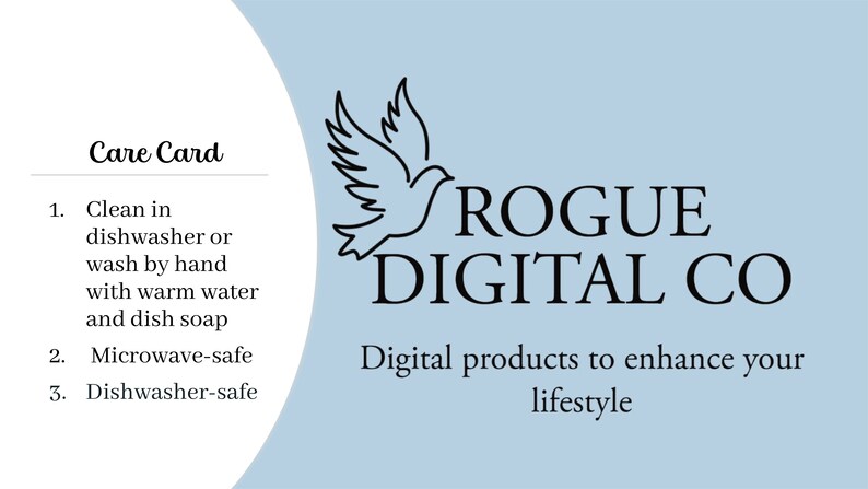 Op de afbeelding: Verzorgingskaart met instructies voor het reinigen van een product. De kaart toont een gestileerde duif en de tekst "ROGUE DIGITAL CO" met de slogan "Digitale producten om uw levensstijl te verbeteren".