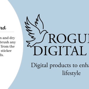 May include: A blue and white care card with a black and white illustration of a dove. The card has the text "Care Card" and "ROGUE DIGITAL CO" in black. The text "Digital products to enhance your lifestyle" is also in black.