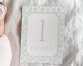Biglietti per le tappe del mese della neonata, biglietti per le tappe del mese con fiori rosa acquerellati, tappe mensili per bambine in rosa, regalo per baby shower, biglietti per il mese della neonata