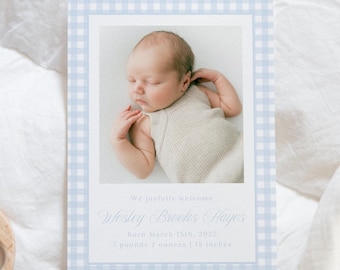 Baby Boy Birth Announcement Template, Blue Gingham Double Sided Photo Baby Announcement Card, Editable Newborn Announcement Photo Card