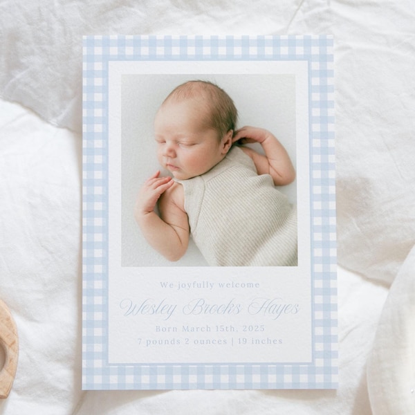 Baby Boy Birth Announcement Template, Blue Gingham Double Sided Photo Baby Announcement Card, Editable Newborn Announcement Photo Card