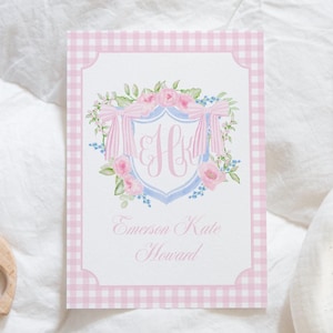 Druckbares Aquarell Baby Mädchen Stubenwagen Zeichen, benutzerdefiniertes Monogramm Krankenhaus Baby Zeichen, Baby Name Wappen, Willkommen Baby, Geburtsanzeige Druck