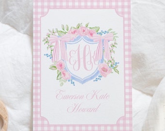 Printable Watercolor Baby Girl Bassinet Sign, Custom Monogram Hospital Baby Sign, Baby Name Crest, Welcome Baby, Birth Announcement Print