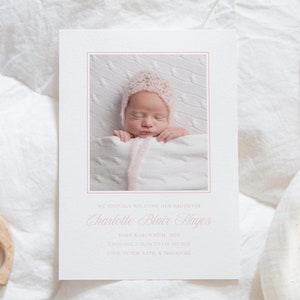 Modèle de faire-part de naissance bébé fille, faire-part de bébé photo recto-verso rose, faire-part de naissance simple modifiable