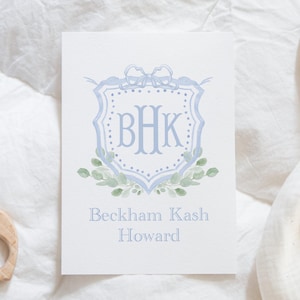 Enseigne de couffin aquarelle imprimable pour bébé garçon, enseigne de bébé hôpital monogramme personnalisé, nom bleu écusson, bienvenue bébé, impression faire-part de naissance
