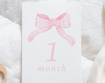 Tarjetas de hitos con lazo rosa, tarjetas de hitos con lazo de cuadros vichy, hitos mensuales para niña, regalo para baby shower, tarjetas de mes del bebé, letrero de bienvenida para bebé