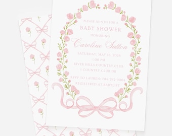 Printable Girl Baby Shower Invitation, Pink Floral Baby Girl Shower Invitation, Pink Bow Baby Shower Invite, Digital Baby Shower Invitations