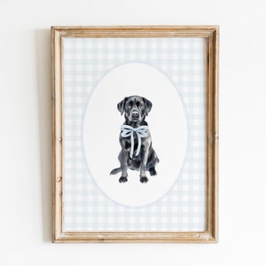Decoración de guardería con labrador retriever negro, impresión de acuarela para guardería de perro labrador, guardería de niño, impresión de pared con cuadros azules, arte clásico con lazo azul