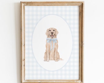 Golden Retriever Nursery Print, Custom Watercolor Dog Nursery Art, Baby Boy Nursery, Blue Gingham Puppy Nursery Decor, Blue Bow Nursery Art